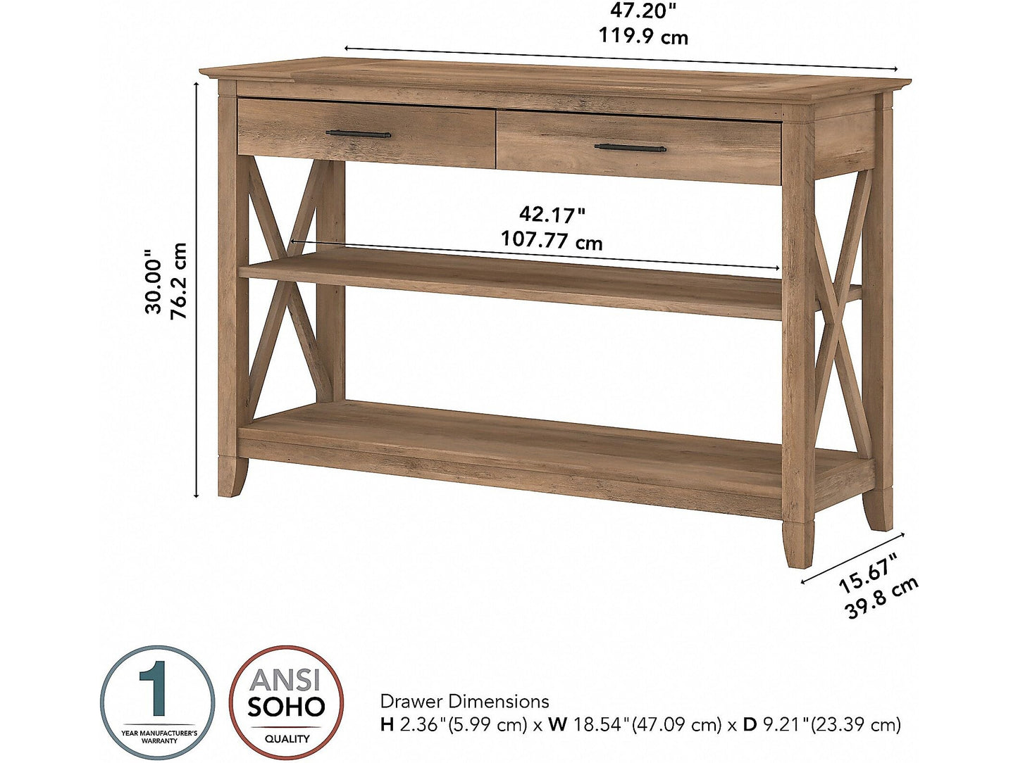 Bush KWT248RCP-03 Key West 47-Inch x 16-Inch Console Table w/Drawers and Shelves Reclaimed Pine - WoodArtSupply