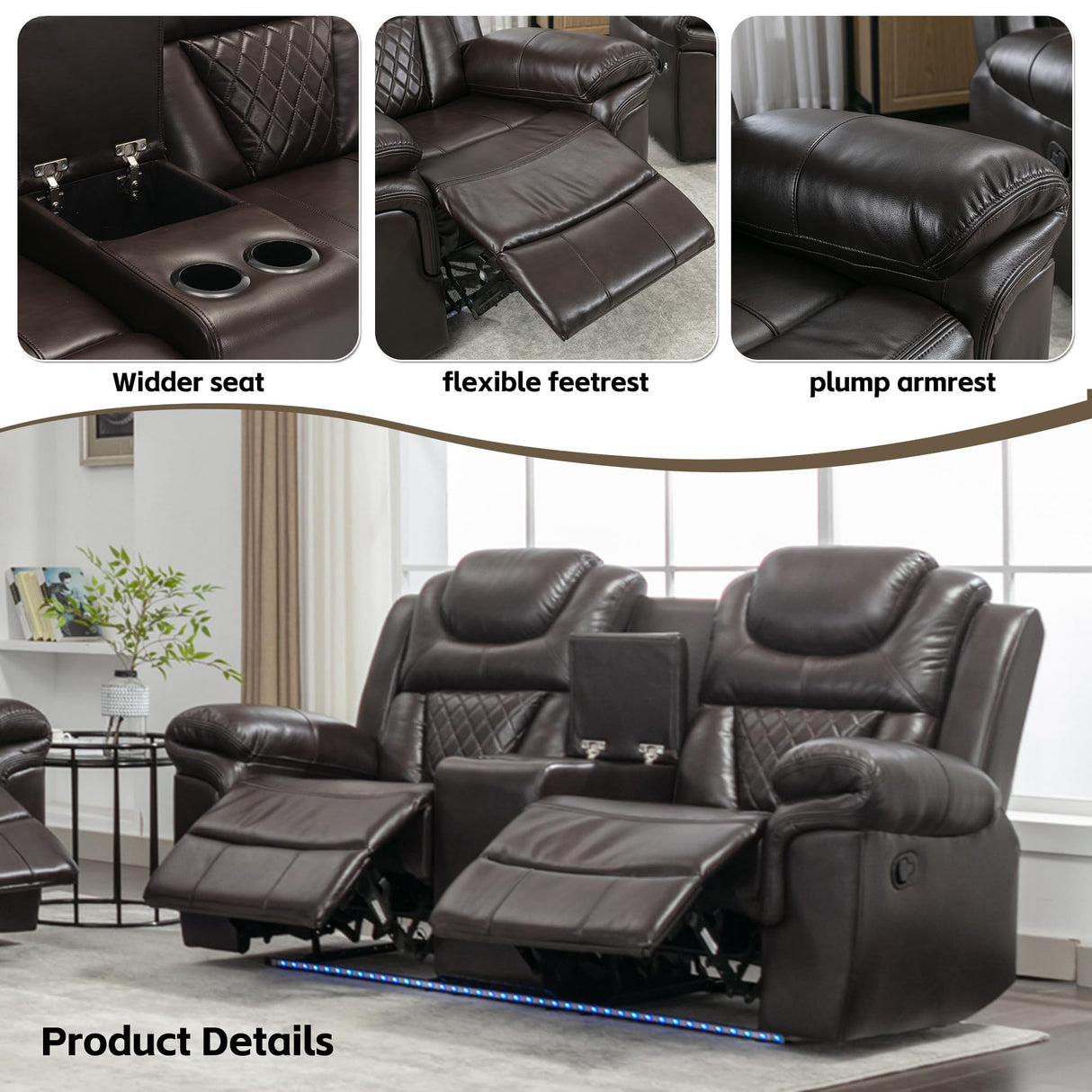 Olodumare Leather Reclining Sofa Set,Home Theater Seating with Center Console, LED Light Strip, and Storage Cup Holders, 2 Seater for Living Room,Office,Home Theater,RV. Loveseat(Brown) Olodumare