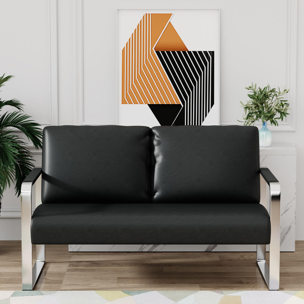 POINTANT Love Seat Mini Couch Small Settee Loveseat Bench for Living Room, Faux Leather Loveseat Sofa Waiting Room Furniture for Small Spaces with Padded Cushion, Mid Century Modern Black Love Seats POINTANT