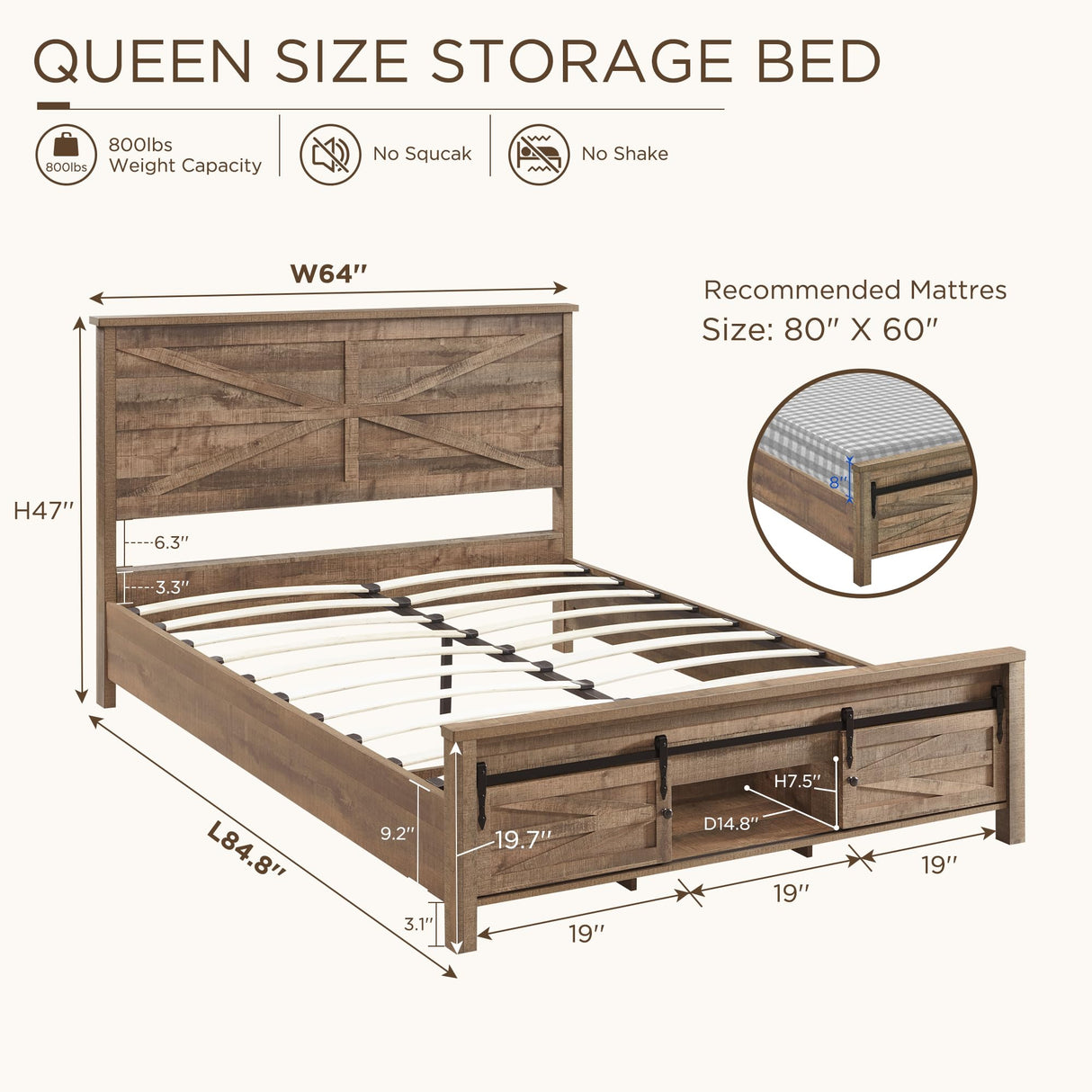 JXQTLINGMU Queen Farmhouse Wood Bed Frame with Sliding Barn Door Storage Cabinets, Solid Wood Slats Support, Noiseless, No Box Spring Needed, Warm Brown JXQTLINGMU