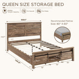JXQTLINGMU Queen Farmhouse Wood Bed Frame with Sliding Barn Door Storage Cabinets, Solid Wood Slats Support, Noiseless, No Box Spring Needed, Warm Brown JXQTLINGMU