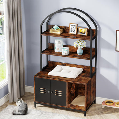 Tribesigns Rustic Brown Litter Box Enclosure with Shelves and Doors - Stylish Cat Washroom Storage Cabinet - WoodArtSupply