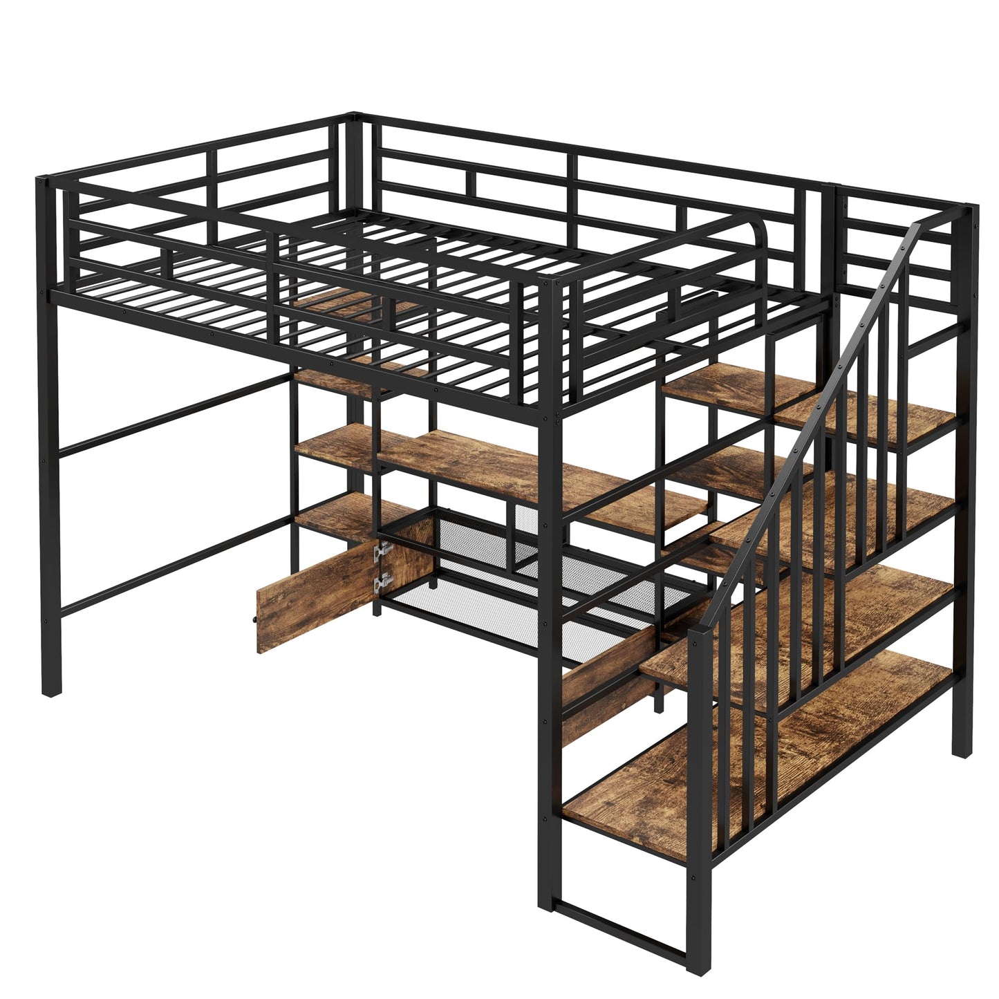 Ziraukon Full Size Metal Loft Bed with Staircase, Heavy Duty Bed Frame, Low Storage Table and Storage Shelves, Maximize Space Saving, Study and Multifunctional, Black