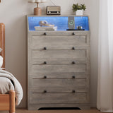 Wodeer Grey Dresser Tall 5 Drawer Dresser for Bedroom, Wood Chest of Drawers with LED Lights, Charging Station, Metal Handles, Modern Storage Cabinet and Organizer Drawers for Living Room, Hallway Wodeer