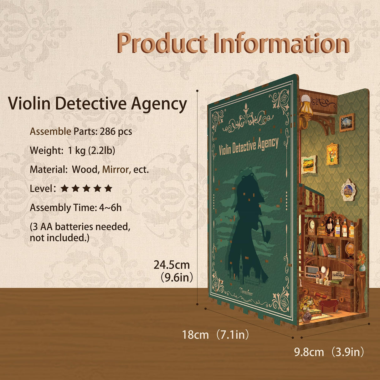Tonecheer DIY Book Nook Kit for Adults, Wooden 3D Puzzle Bookend Bookshelf Insert Decor, Detective Booknook Miniature House Kit with Dust Cover and Body Motion Sensor LED (Violin Detective Agency) Tonecheer