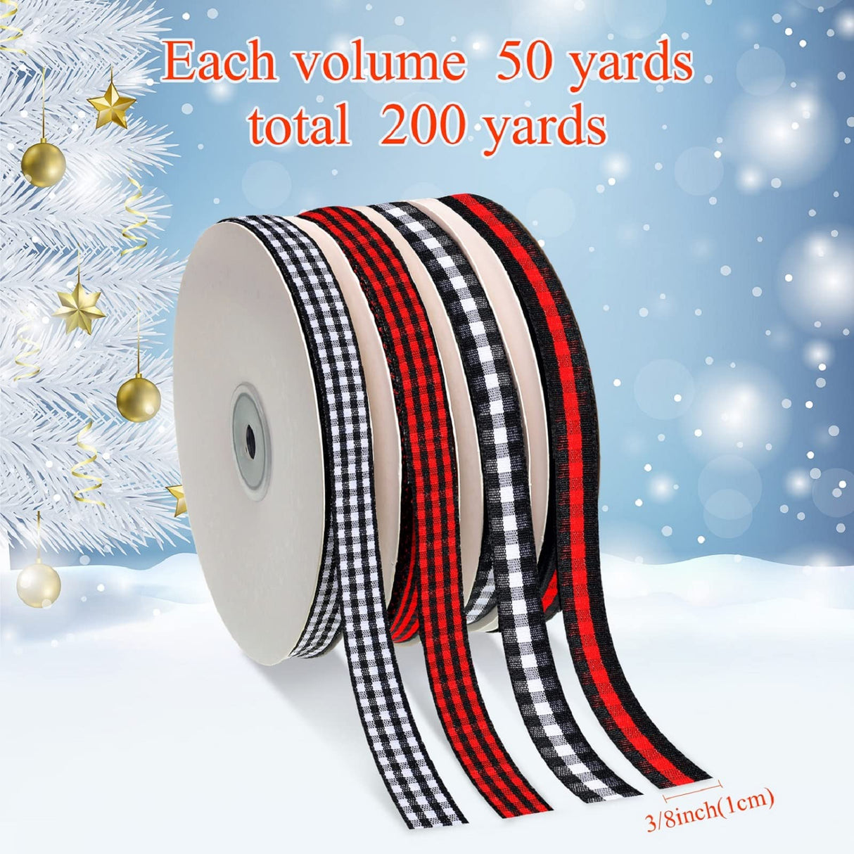 Chuangdi 4 Rolls 200 Yards Christmas Buffalo Plaid Checkered Ribbon Black White and Red Gingham Ribbon 3/8 Inch Wide Edge for DIY Crafts, Present Wrapping, Hair Bows, Holiday Decoration Chuangdi