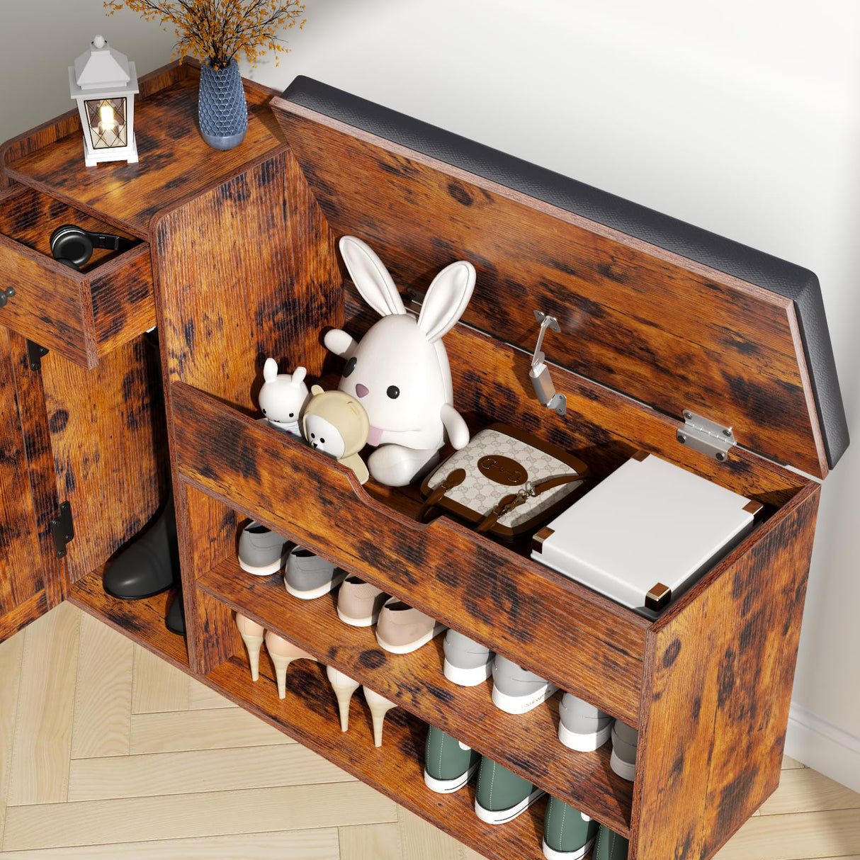 Gyfimoie Shoe Storage Bench, Farmhouse Entryway Bench with Drawer, 2-Tier Shoe Bench with Seat Cushion & Lift Top Storage Box, Slim Shoe Cabinet Bench for Entryway, Living Room, Bedroom (Rustic Brown) Gyfimoie