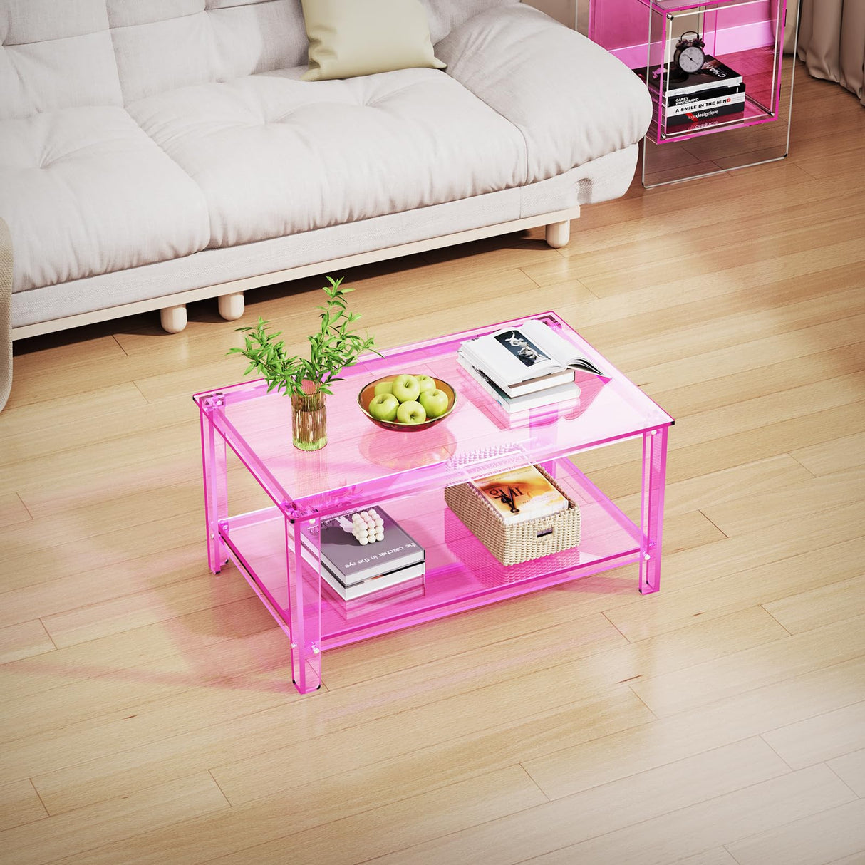 solaround Acrylic Coffee Table with Storage Shelf,Rectangle Living Room 2-Tier Center Table for Small Spaces (Rectangle, Pink, Nomal) solaround