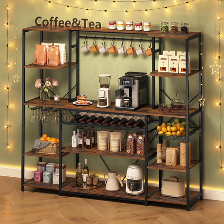 UPOSOJA Large Bakers Rack with Power Outlet, 62.4in Wide Kitchen Microwave Stand with Storage Shelves, 5-Tier Coffee Bar, Wine Rack, Goblet Holder, 8 Hooks, Wire Basket(Rustic Brown, Large) UPOSOJA