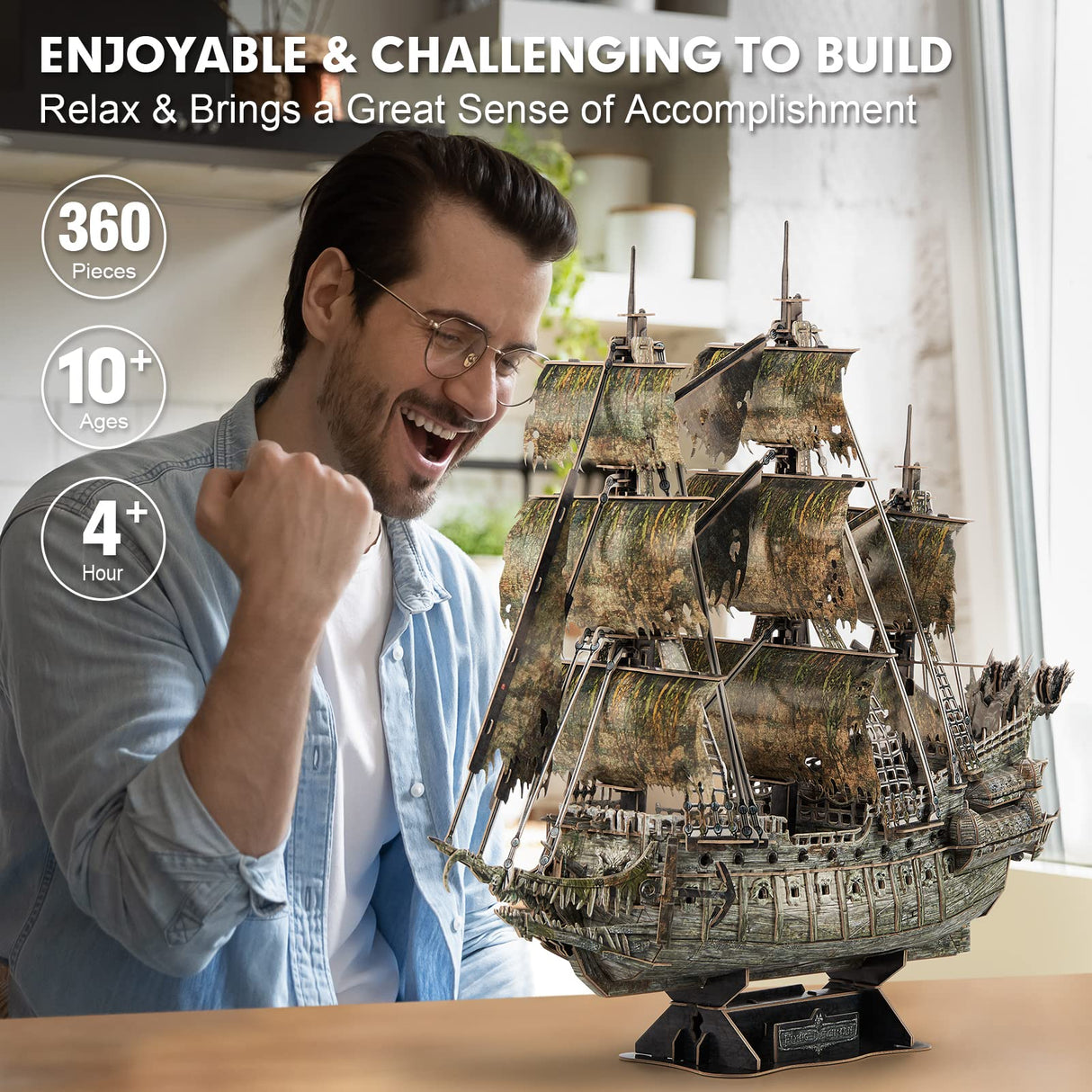 CubicFun 3D Puzzles for Adults - LED Flying Dutchman 3D Puzzle, 360-pieces - Desk Decor for Home Office - Christmas Aduls Teacher Gifts Stocking Stuffers CubicFun