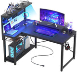 Homieasy Small Gaming Desk with Power Outlets Pegboard LED Light, 43 Inch L Shaped Computer Desk with Monitor Stand Storage Shelves, Reversible Corner Desk with Headset Hooks, Carbon Fiber Black Homieasy