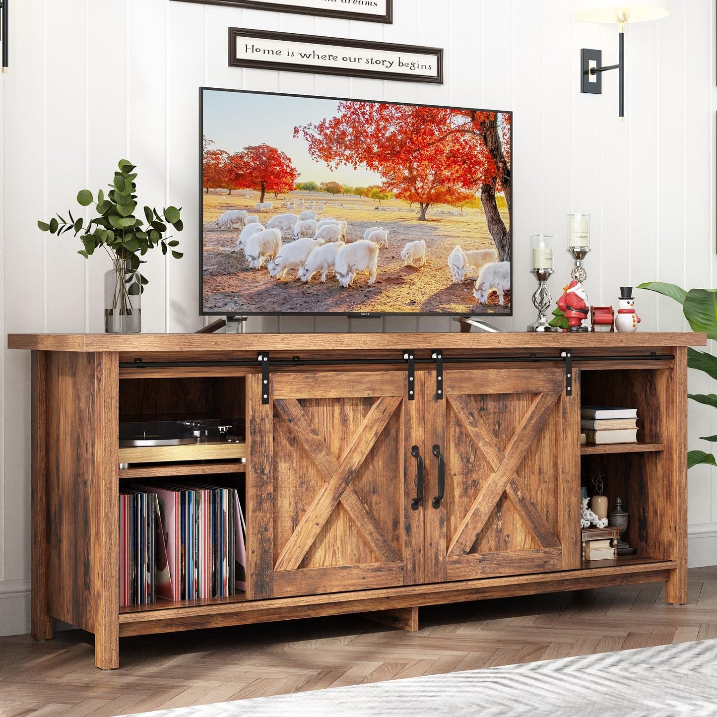 Elibeauty Rustic Brown Farmhouse TV Stand for 50-65 Inch TVs with Adjustable Shelves and Sliding Barn Doors