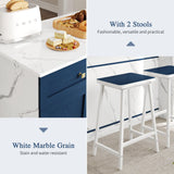 YITAHOME 3 Piece Kitchen Island Set with 2 Chairs, Large Kitchen Island with Seating and Storage, Dining Counter Table with Power Outlet, Drawers, Spice/Towel Rack, White Marble Finish, Navy Blue YITAHOME