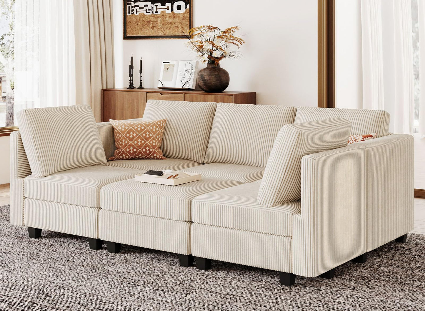 Belffin Modular Sectional Sleeper with Storage Ottoman Corduroy Sectional Couch with Chaise Convertible Modern Sectional Sofa Couch Beige