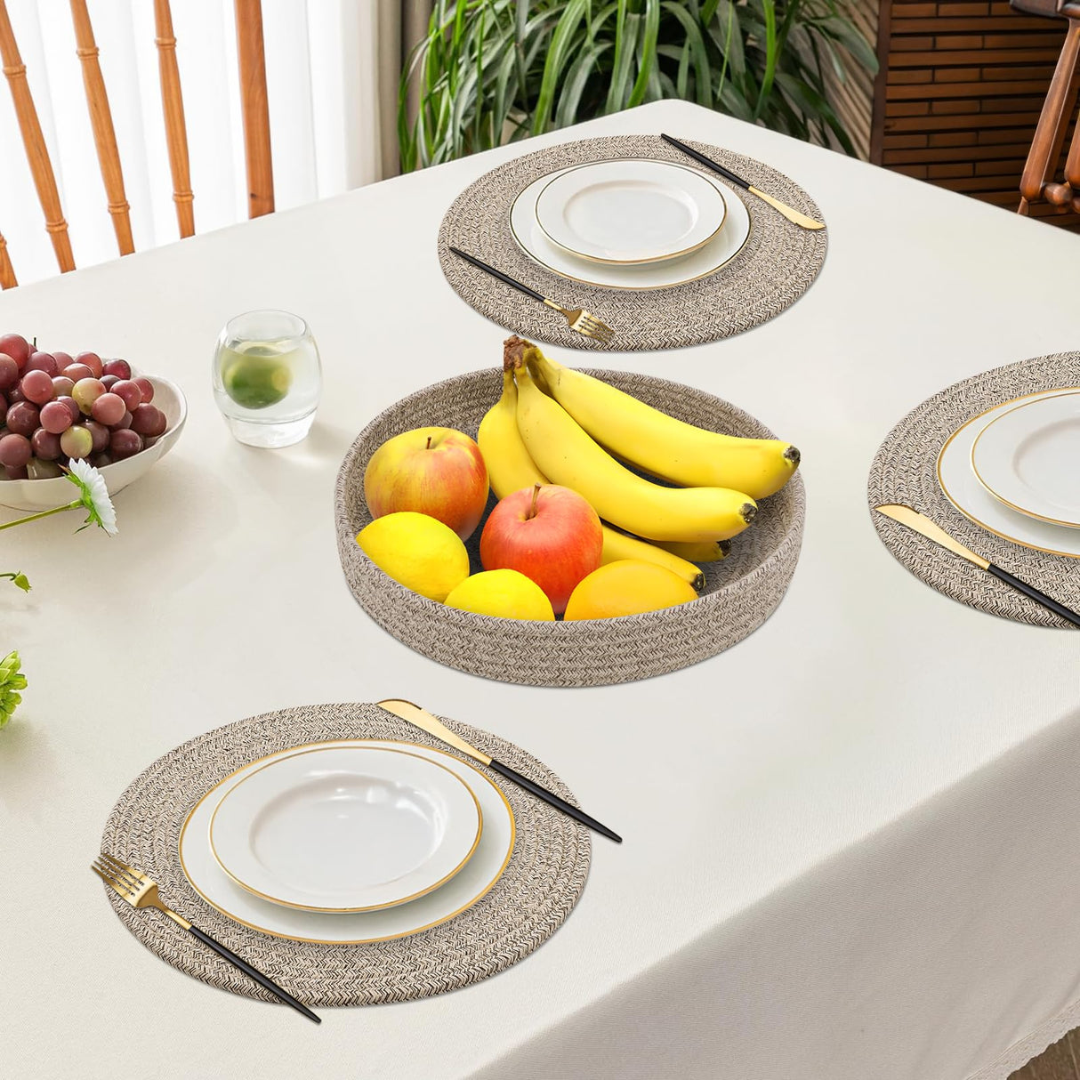 Round Placemats Set of 6 with Holder, Cotton Rope Woven Place Mats, Hot Pads for Kitchen, Heat Resistant Table Mats, 13 Inch Farmhouse Washable Braided Placemat for Kitchen Decor (Brown) Jukercici