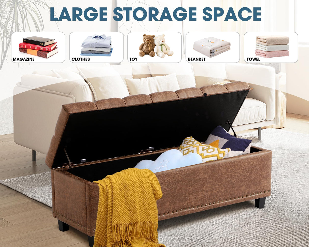 Grepatio 51" Ottoman Storage Benches, 30 Gallons End of Bed Storage Bench, Large Rectangular Ottoman, Button-Tufted Ottomans with Storage for Living Room Bedroom, Foot of Bed (Brown) Grepatio