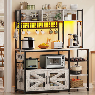 Itaar 47.2 Inch Bakers Rack with Power Outlet, Microwave Stand with Storage, Farmhouse Coffee Bar Cabinet Station with Wine Rack, Iron Mesh and 8-S Hooks, Vintage White