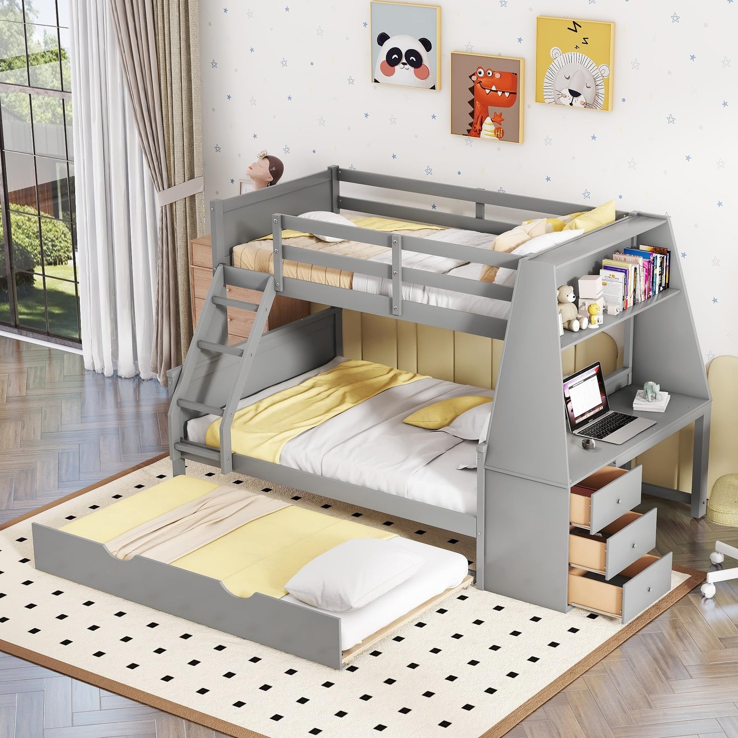 Harper & Bright Designs Twin Over Full Wooden Bunk Bed with Desk, Trundle, and Storage in Grey - WoodArtSupply