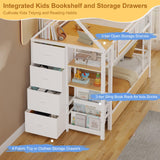 DICTAC Bunk Bed Twin Over Twin with Storage Drawers and Globe String Lights House Shaped Low Bunk Bed with Montessori Bookshelves Metal bunk Beds for Kids with Ladder and Guardrail,Space Saving,White DICTAC