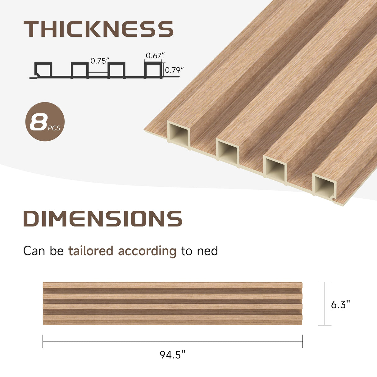 POHARE WPC Slat Wall Panels, 8 Pack Accent Slat Wood Slats for Wall and Ceilings, Acoustic Panels for Interior Wall Modern Décor, Oak, 95 x 6 in POHARE