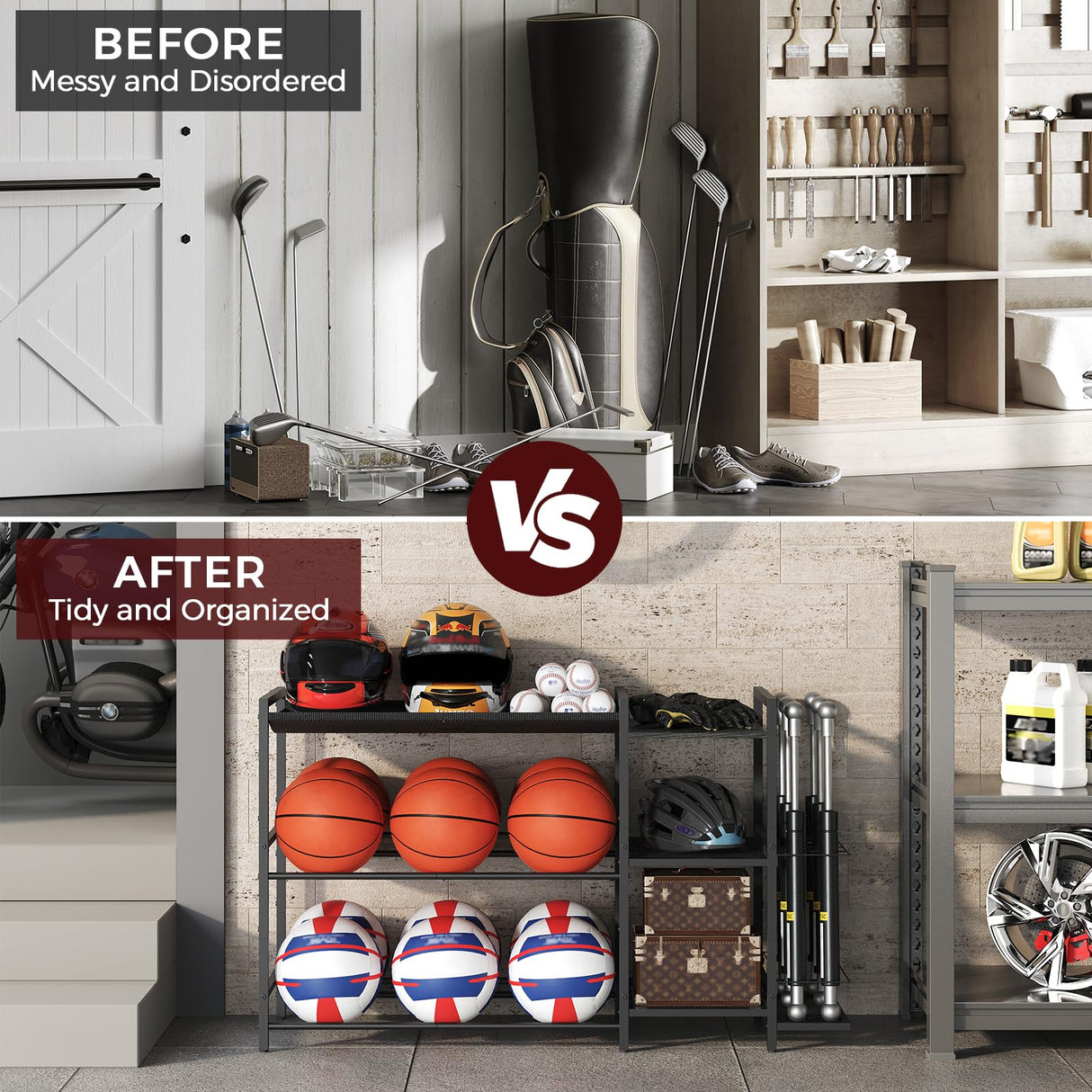 MAHANCRIS Sports Equipment Organizer, 3 Tier Ball Storage Rack with Baseball Bat Holder, Indoor & Outdoor Basketball Racks for Volleyball, Football, Garage Organizer with Sheleves, Black BEHR17301 MAHANCRIS