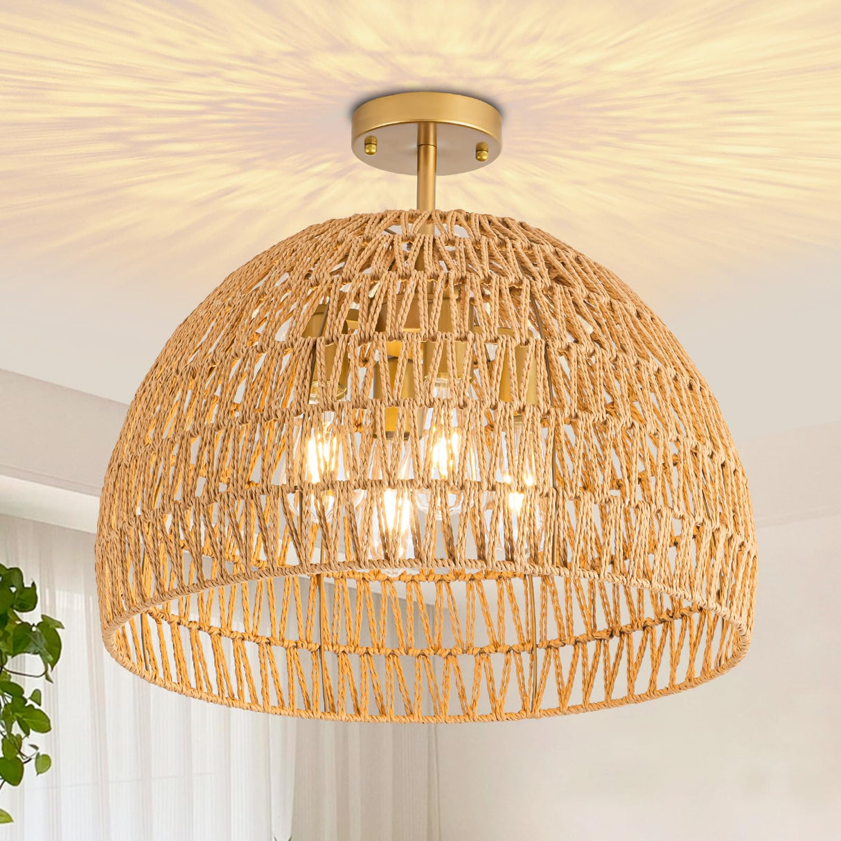 Rattan Ceiling Light Fixture, 4-Light Boho Semi Flush Mount Ceiling Light, 20" Wicker Light Fixture with Handmade Woven Cage Lampshade, Rattan Chandelier for Bedroom Hallway Nursery Kitchen Farmhouse Ledshaoyue