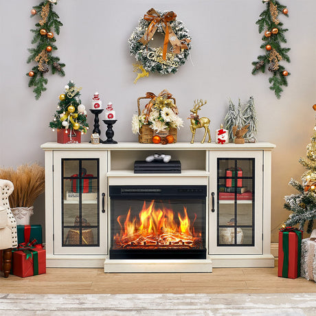 AMERLIFE 3-Sided Glass Fireplace TV Stand for TVs up to 65'' with 12 Color, Media Entertainment Center Console Table with Doors Closed Storage, Distressed White AMERLIFE