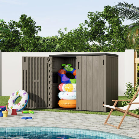 KINYING Outdoor Horizontal Storage Sheds,Outdoor Storage Cabinet Waterproof Resin Tool Storage Box for Lawn Mower,Garden Tools and Patio Furniture, Lockable (Brown) KINYING