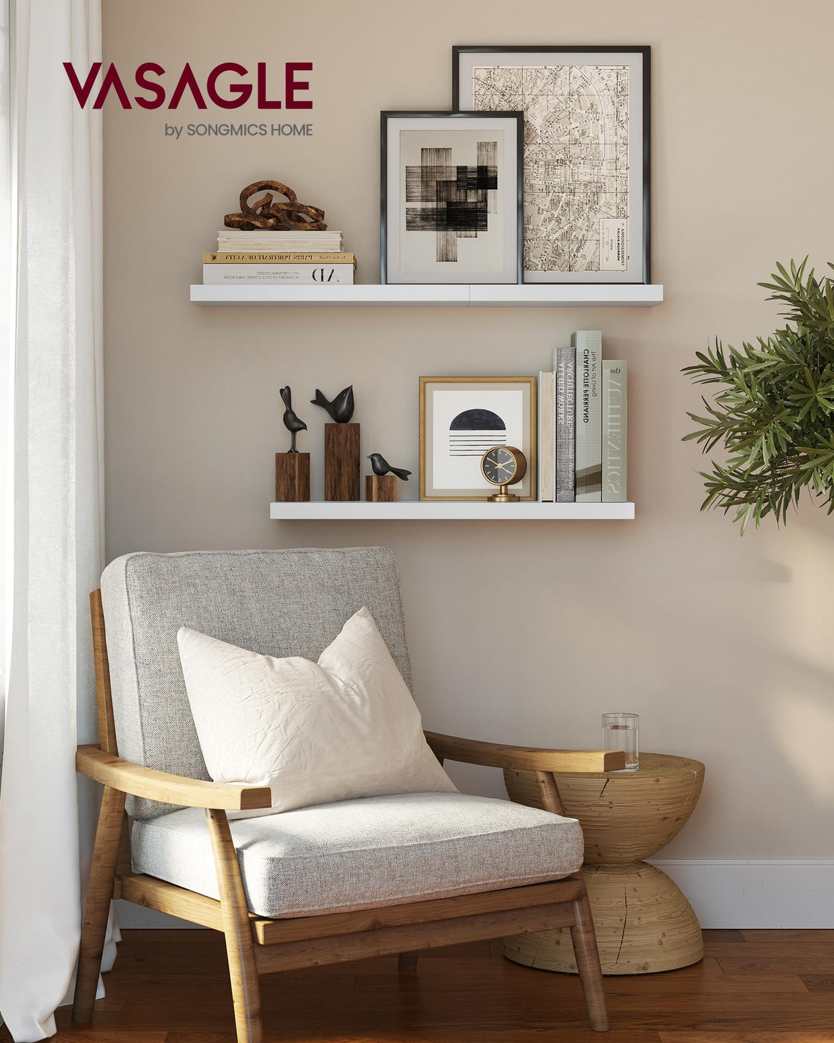 VASAGLE Wall Shelves Set of 2, Floating Shelves, Wall Mounted, 8 x 15.7 x 1.5 Inches, Display Shelves for Picture Frames, Wall Decor, Hanging Shelf for Living Room, Kitchen, White ULWS054W01 VASAGLE