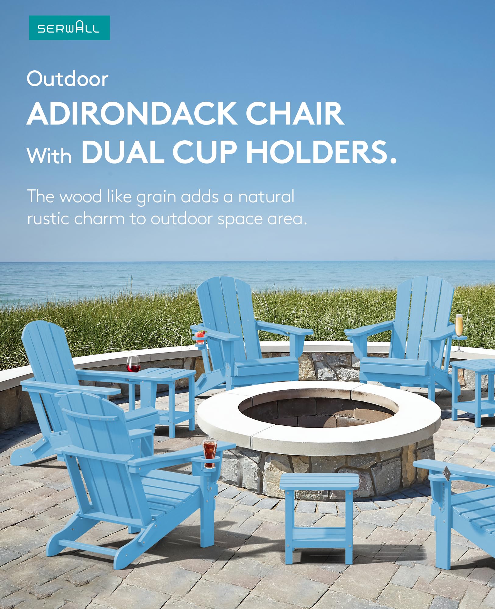 SERWALL Adirondack Chair with Cup Holders - Composite Adirondack Chairs HDPE Outdoor Chairs All Weather Use- Light Blue - WoodArtSupply