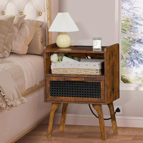 Lerliuo Rattan Nightstands Set of 2 with Charging Station, Boho Side Table with Drawer Open Shelf, Cane Accent Bedside End Table with Solid Wood Legs for Bedroom, Dorm and Small Spaces (Brown) Lerliuo