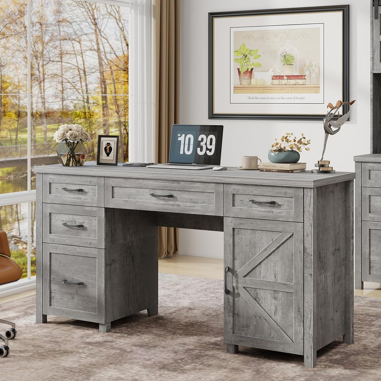 Farmhouse 61'' Executive Desk with 5 Drawers, Rustic Office Desk Computer Desk with Charging Station, File Drawers and Storage Cabinet, Wood Workstation for Home Office and Study,Grey. Vabches