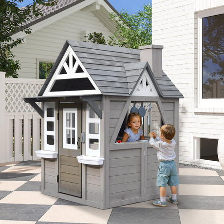 Segmart Kids Playhouse, Indoor and Outdoor Playset, Cedar Modern Gray Wooden Play House for Kids Ages 4-8, Kitchen with Spatulas, Induction Cooker, Flower Pot Rack, Functional Doorbell and Sink SEGMART