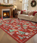 GarveeHome Red 8x10 Christmas Rug Living Room Rug Non Slip Washable Stain Resistant 8x10 Washable Rugs Christmas Tree Snow Print Low Pile Soft Holiday Decor Carpet for Bedroom Laundry Room GarveeHome