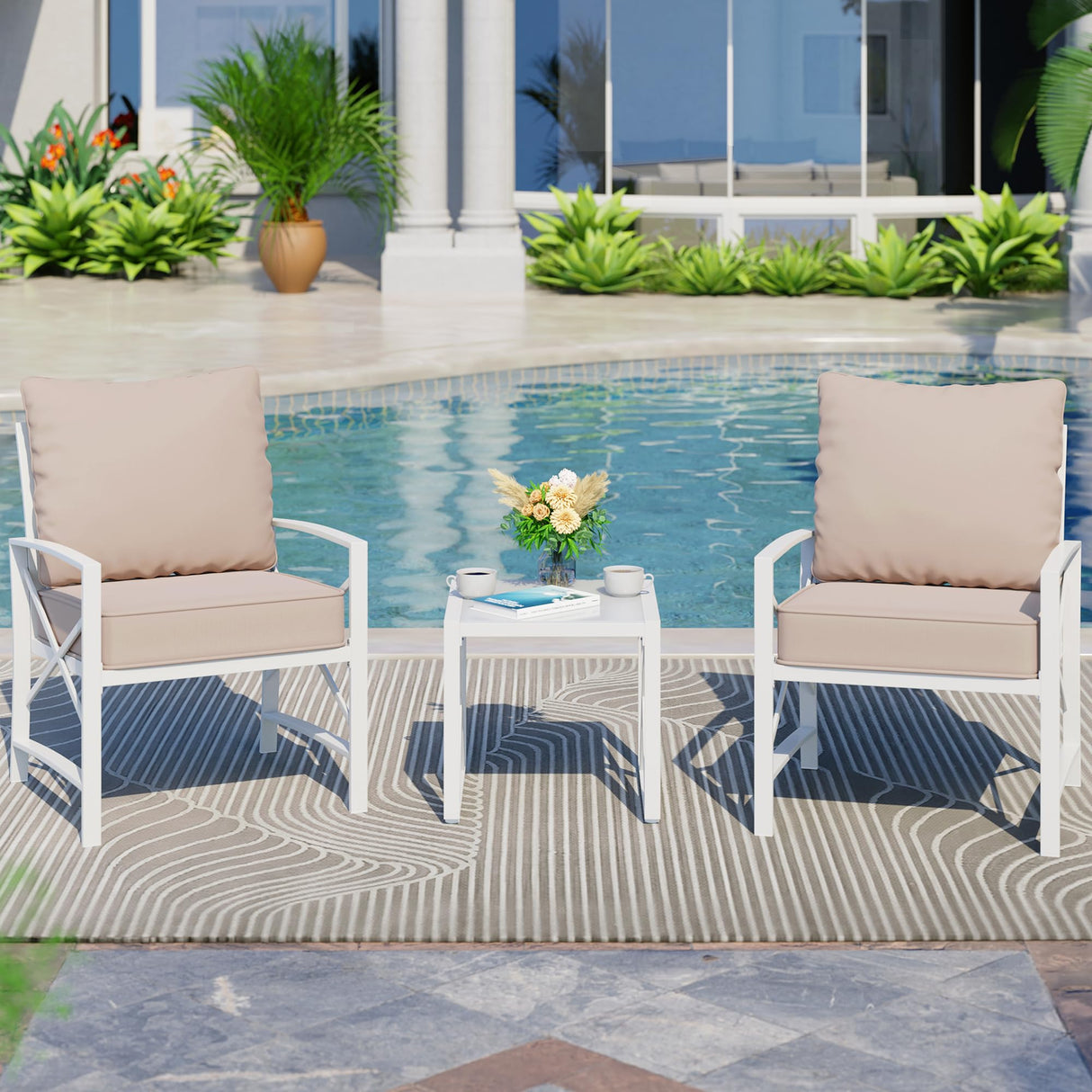 Shintenchi 3 Piece White Metal Outdoor Furniture Sectional Set, Modern Outdoor Metal Chair Conversation Furniture Set with Coffee Table for Patio,Backyard,Balcony (Khaki) Shintenchi