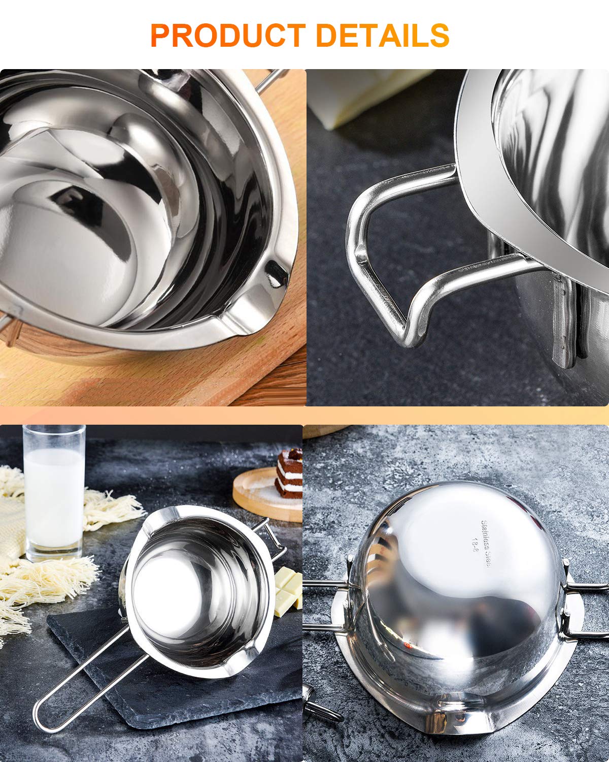 Stainless Steel Double Boiler Pot for Melting Chocolate, Candy and Candle Making (18/8 Steel, 2 Cup Capacity, 480ML) SONGZIMING