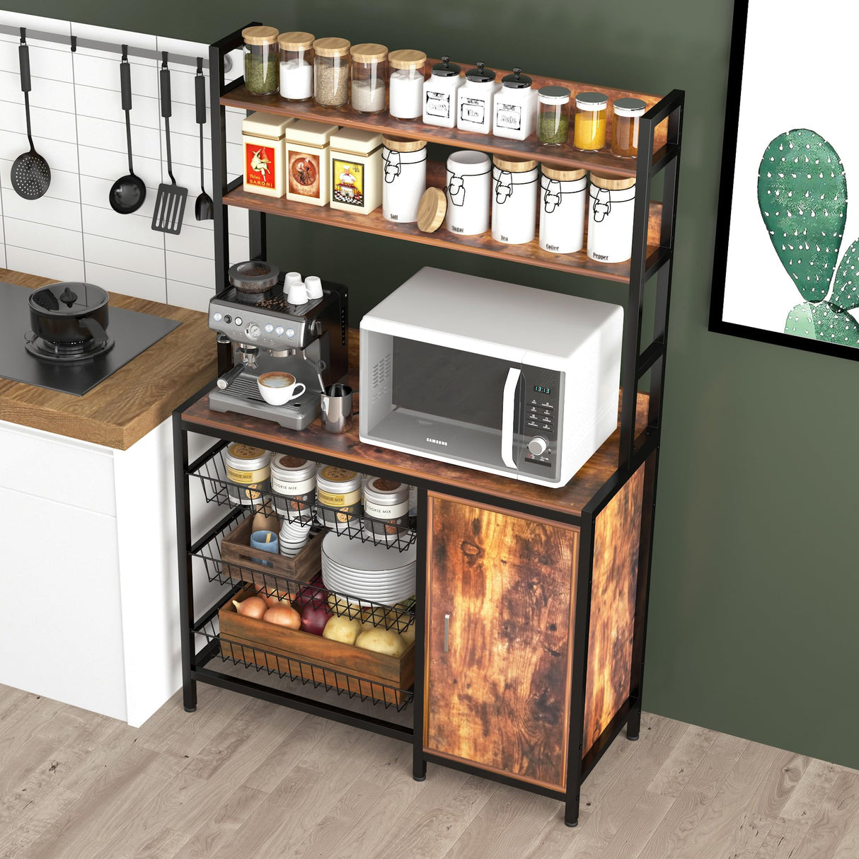 NAIYUFA Kitchen Bakers Rack with Baskets and Door,Industrial Microwave Oven Stand,Utility Storage Shelf,Free Standing Kitchen Utility Cart Storage Shelf Organizer with Hooks NAIYUFA