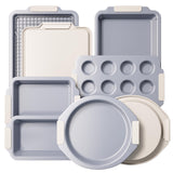 BRONYPRO Nonstick Ceramic Bakeware Set (9 Pieces),Heavy Duty Aluminized Steel Bakeware-Baking Pan Sets with Silicone Handles,Includes Sheet Pans,Loaf Pan,Muffin pan,Cake pans,PTFE & PFOA Free - White BRONYPRO