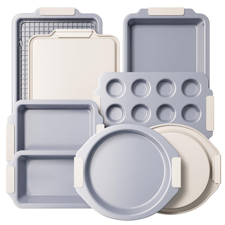 BRONYPRO Nonstick Ceramic Bakeware Set (9 Pieces),Heavy Duty Aluminized Steel Bakeware-Baking Pan Sets with Silicone Handles,Includes Sheet Pans,Loaf Pan,Muffin pan,Cake pans,PTFE & PFOA Free - White BRONYPRO