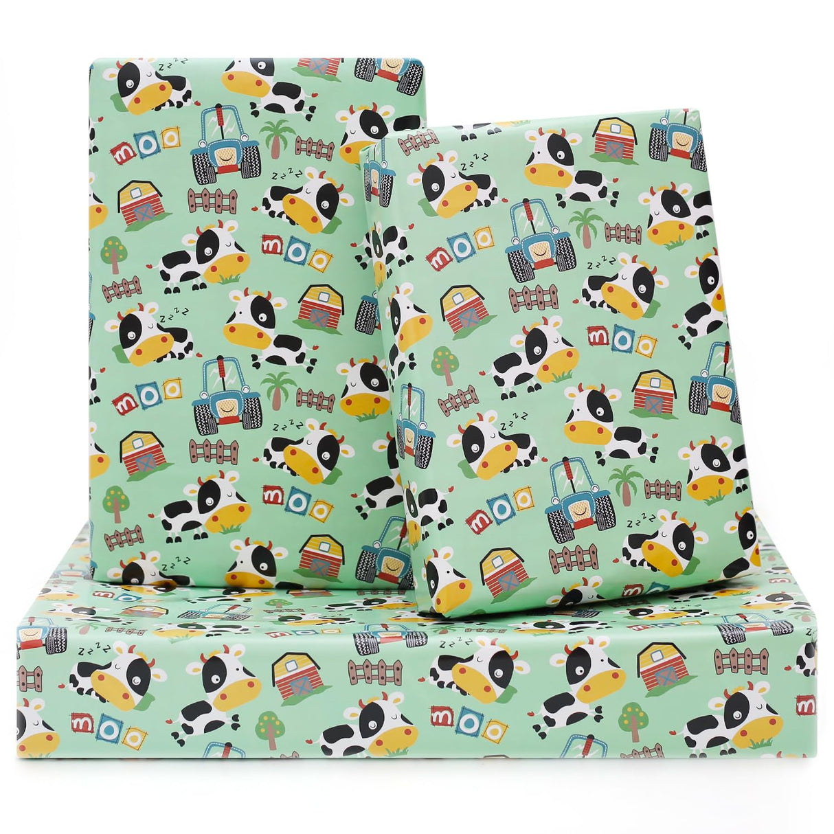 NEPOG Farm Cow Wrapping Paper for Boys Girls Kids, Cute Cow Farmhouse Tractor Farm Theme Design Green Birthday Paper 6 Sheets Folded Flat 20x28 inches per Sheet for Birthday Party Baby Shower NEPOG