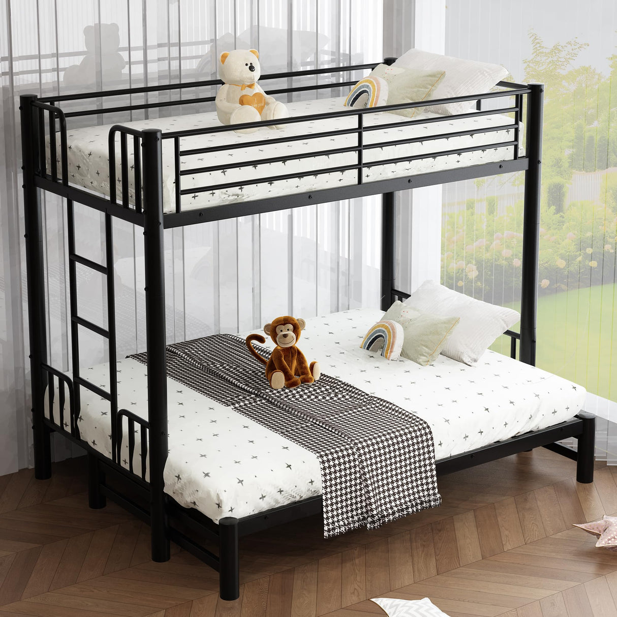AEMSOFK Twin Over King Bunk Bed,Twin Bunk Bed with Trundle,Heavy Duty Metal Bunkbeds with Ladder & Guardrail, 3-in-1 Convertible Twin Bunk Bed,Twin Over Queen, Space-Saving,Noise Free,Black AEMSOFK