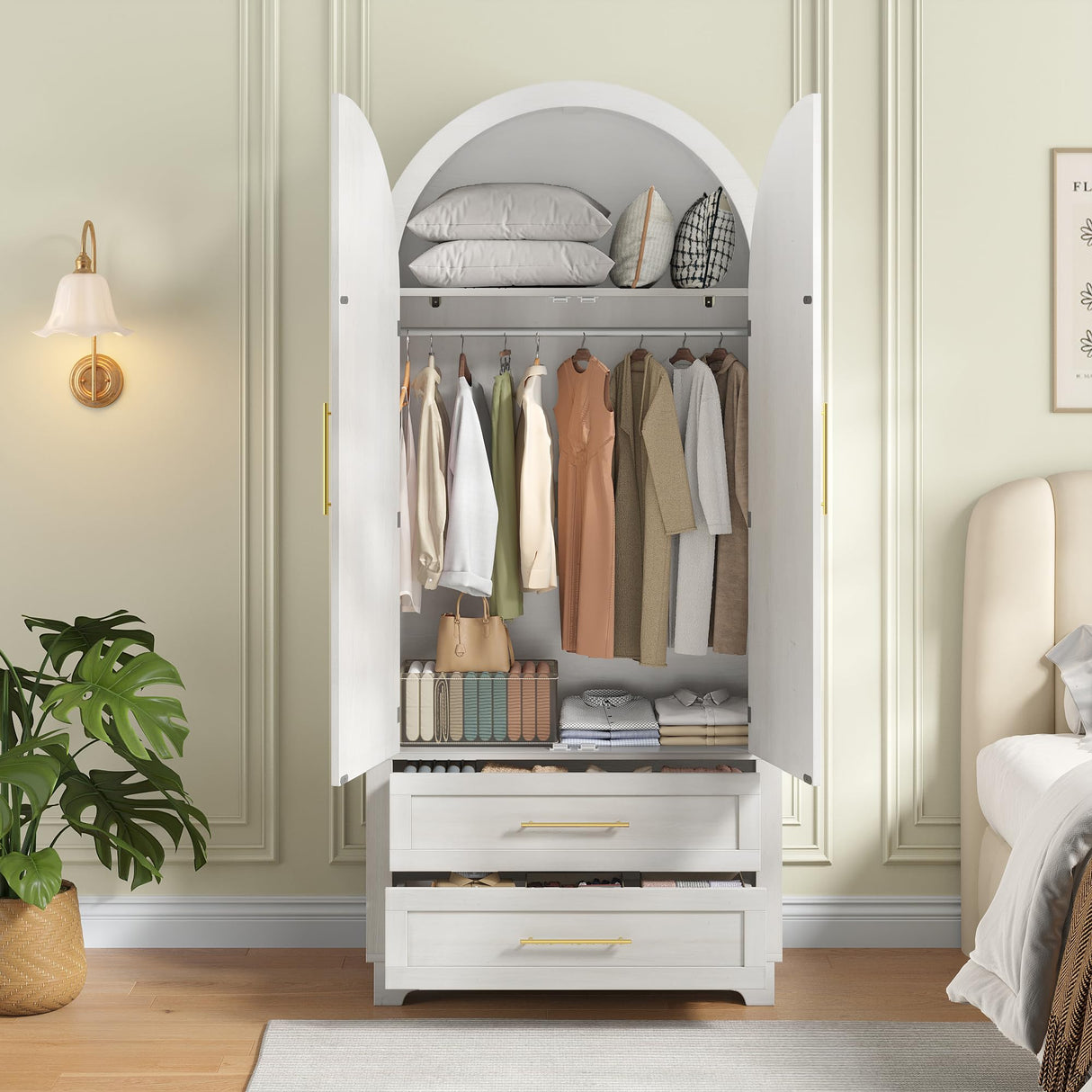 Maupvit Wardrobe Closet, Modern Armoire Wardrobe Closet with 2 Drawers and Arched Doors, 73" Tall Wooden Bedroom Armoires with Shelves and Hanging Rod, White Maupvit