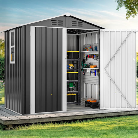 DWVO 6x4ft Metal Outdoor Storage Shed with Window, Lockable Tool Storage Sheds, Steel Garden Sheds with Sloped Roof for Backyard, Patio, Garage, Lawn, Gray + White DWVO