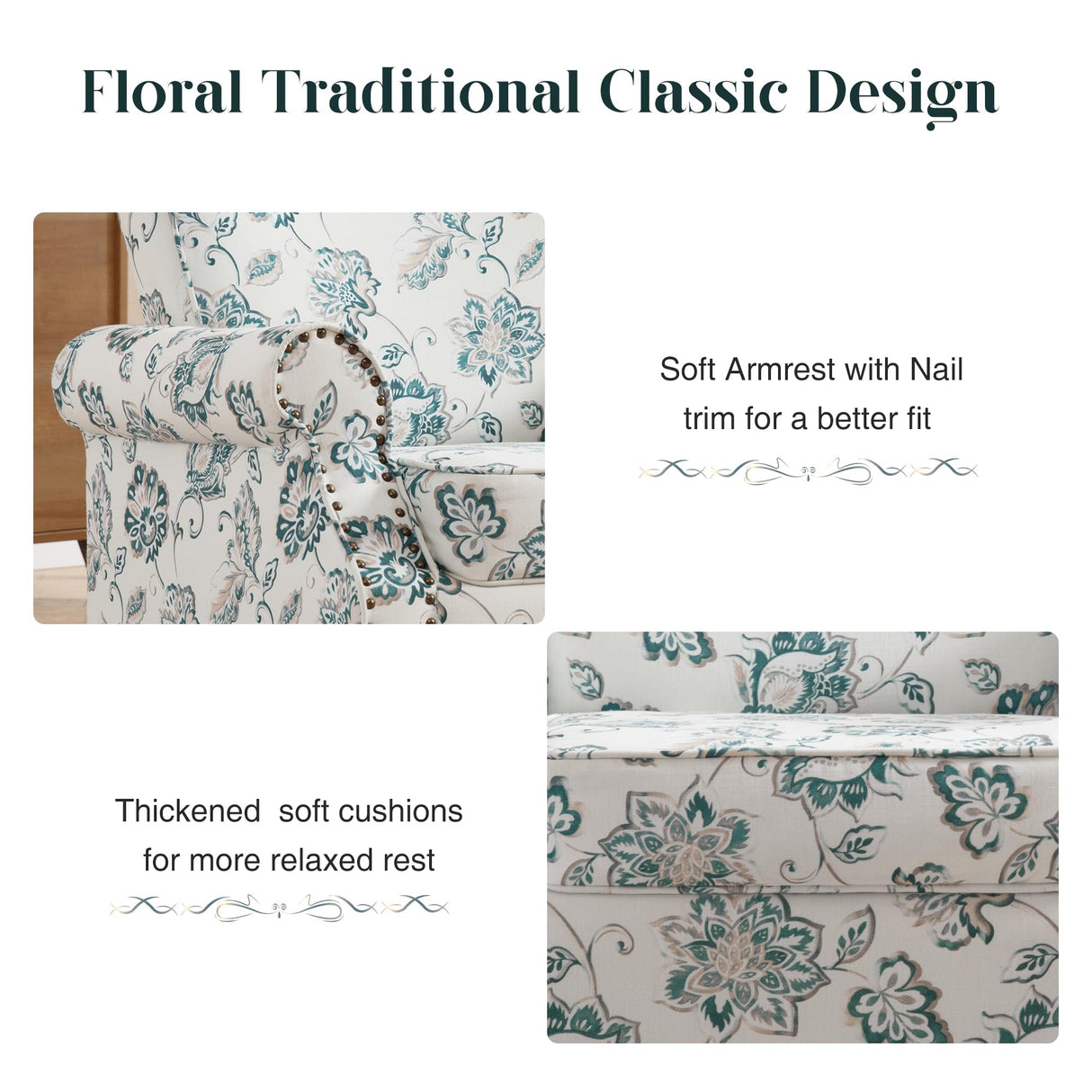 HCHAIRH Floral Wingback Accent Chairs Set of 2 with Removable Cushion Comfy Upholstered Armchair with Nailhead Trim and Wood Legs Reading Chair for Living Room, Bedroom, Green HCHAIRH
