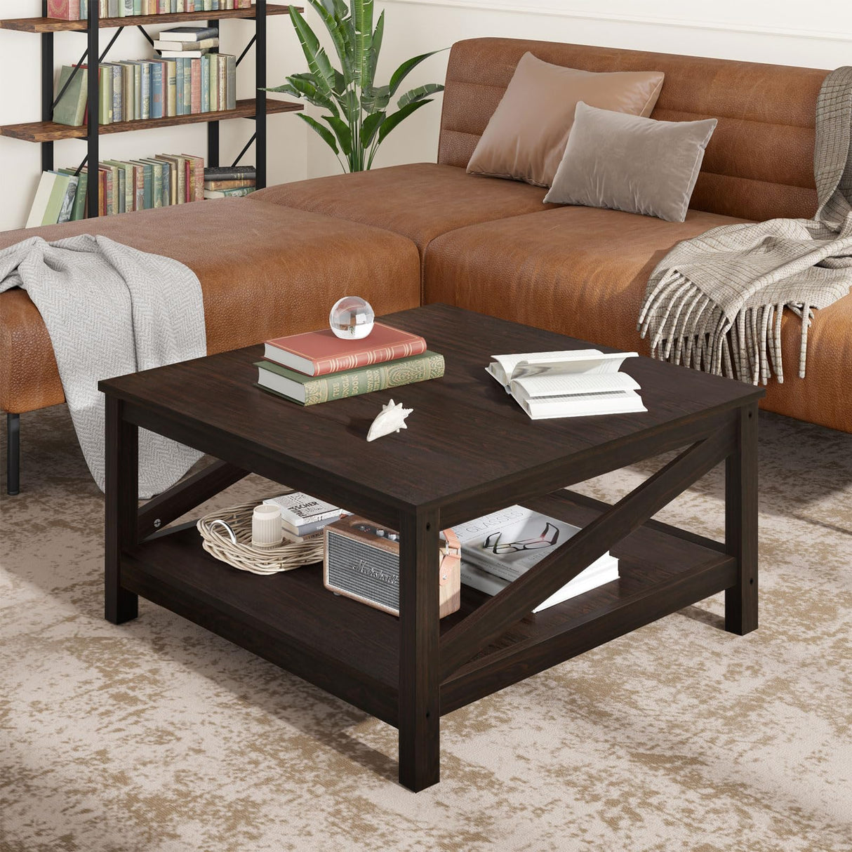 DWVO Coffee Tables with Storage, Farmhouse Coffee Table for Living Room, Square Coffee Table 2-Tier Center Table with Open Storage Shelf, Wood Small Cocktail Table, Espresso DWVO