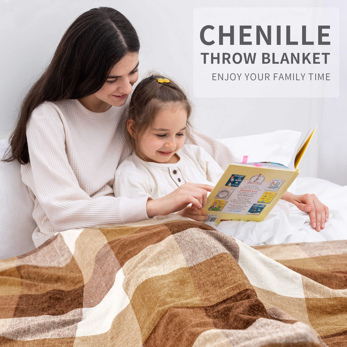 RECYCO Buffalo Paid Chenille Throw Blanket for Couch, Soft Cozy Decorative Buffalo Check Blanket Throw with Tassels for Bed Sofa, Lightweight Chenille Knitted Throw, Plaid Brown Off White, 50'' x 60'' RECYCO