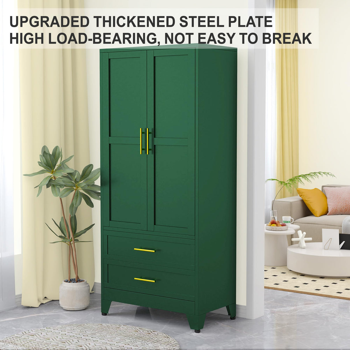 RISTERN 71” Metal Storage Cabinet with 2 Doors, 1 Adjustable Shelf and 2 Draws, Armoire Wardrobe Closet with Hanging Rods for Home Office, Bedroom, Living Room (Green) RISTERN