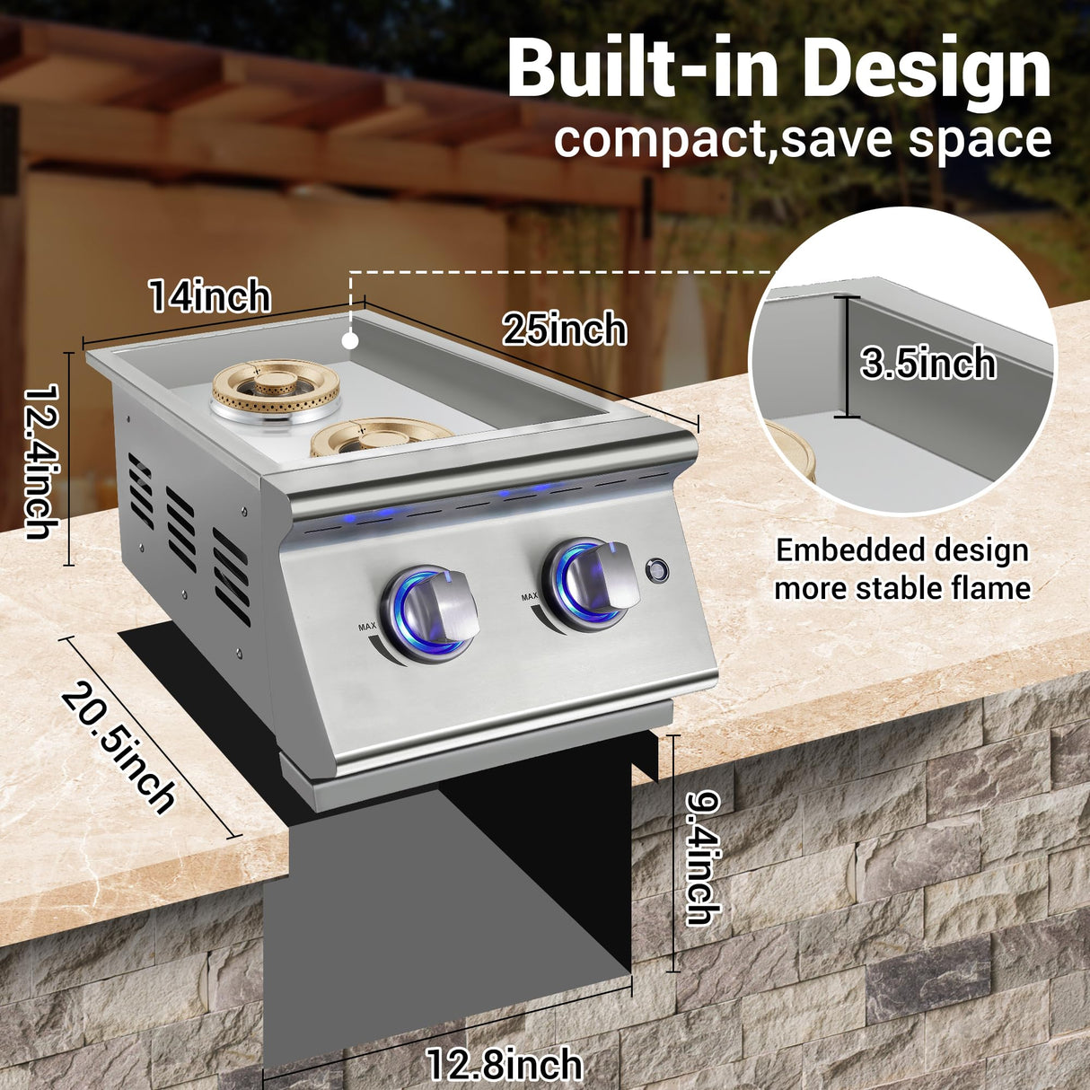 Livory Double Grilling Side Burners for Outdoor Kitchen, 2 * 17,000BTU Nature Gas Burners, Duty Heavy 304 Stainless Steel, Built-in Side Burner for BBQ Island Grill (Nature Gas) Livory