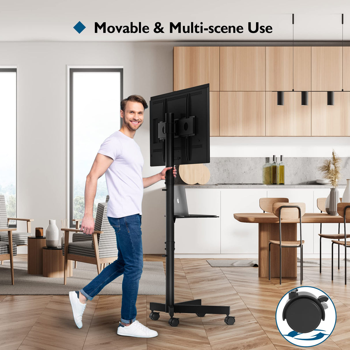 Mobile TV Cart for 23-60 Inch LED LCD Flat Curved Screens TVs, Rolling TV Stand with Locking Wheels Holds Up to 88lbs, Height Adjustable Portable Floor Stand with Media Shelf Tray, Max VESA 400x400mm BONTEC