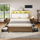 AMERLIFE Queen Size Bed Frame with 49.2" Tall Bookcase Headboard and LED Light, Rustic Platform Bed with Charging Station and 4 Storage Drawers, No Box Spring Needed, Rustic Brown AMERLIFE